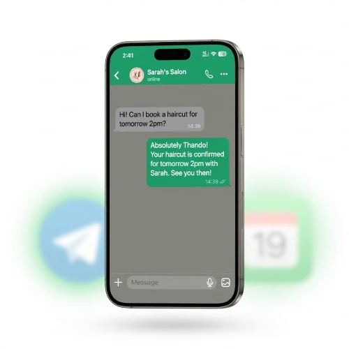 WhatsApp mobile phone interface showing a booking appointment chat conversation